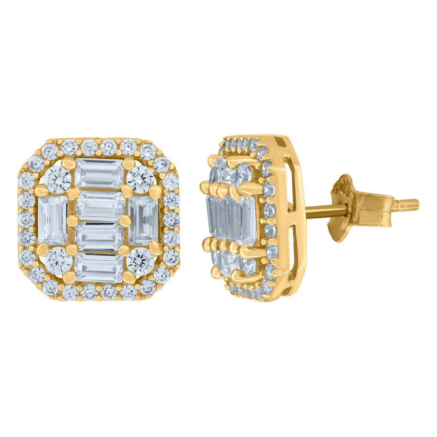 Jewelryweb 10k Yellow Gold Mens Round and Baguette Cubic Zirconia Stud Earrings