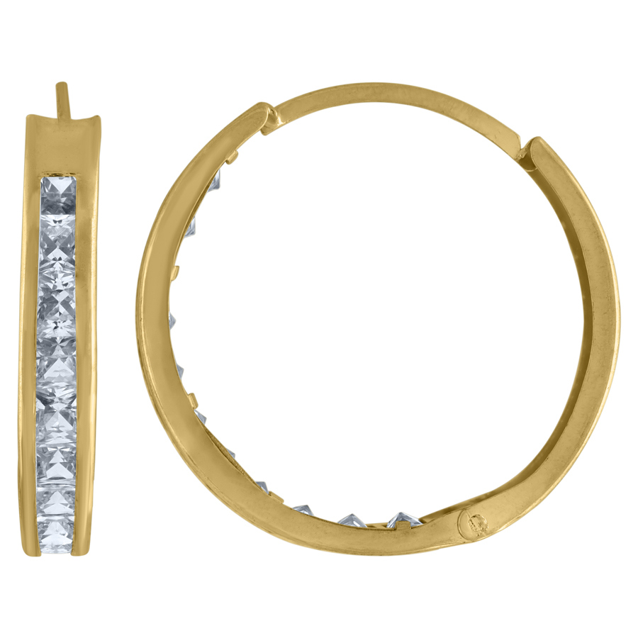 Jewelryweb 14k Yellow Gold Womens Princess-cut Cubic Zirconia Single Row Huggie Hoop Earrings - Measures 18.6x1