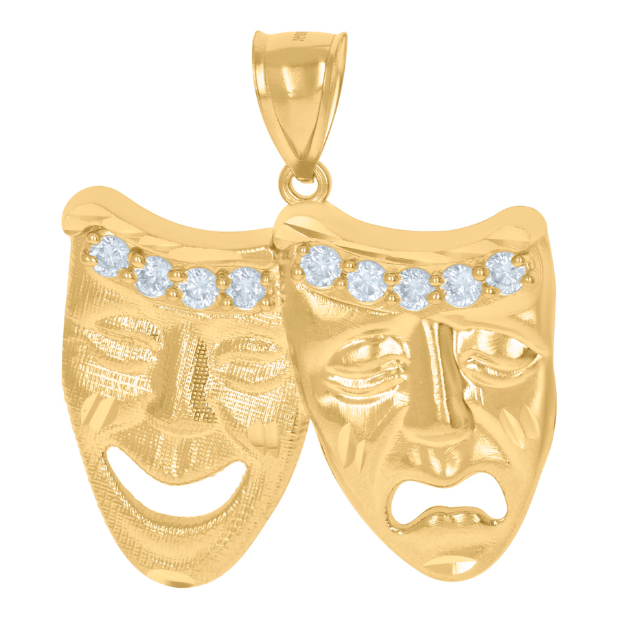 Jewelryweb 10k Two-tone Gold Unisex Cubic Zirconia Textured Comedy Tragedy Mask Charm Pendant