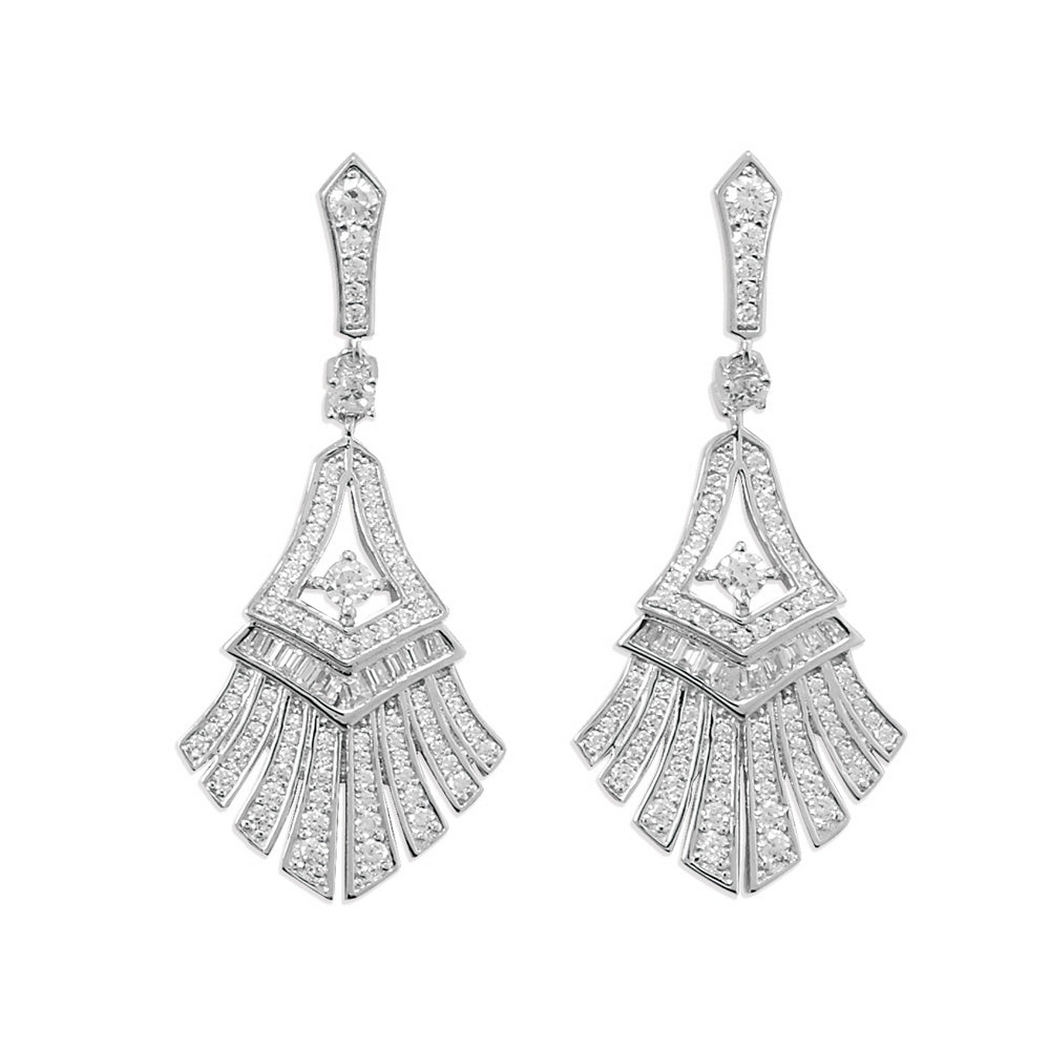 Jewelryweb Sterling Silver Rhodium Plated CZ Fan-Shaped Skirt Earrings Post Back CZ in a Fan-Like Shape 156 CZ