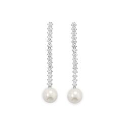 Jewelryweb Sterling Silver Rhodium Plated CZ and Simulated Pearl Drop Earrings CZ 12mm Shell Pearl Total Hangin