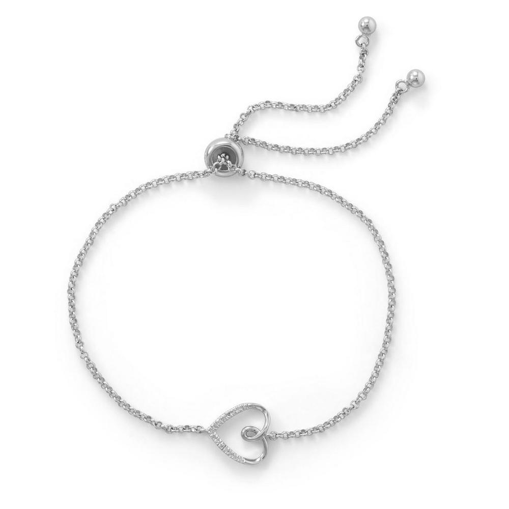 Jewelryweb Sterling Silver Rhodium Plated Sideways Heart Bolo Bracelet With Diamonds Adjustable a 6.6mm Stopper