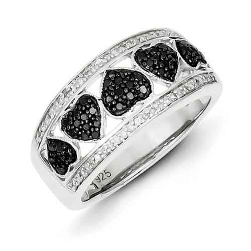 Jewelryweb Sterling Silver Black Diamond Mutiple Fancy Heart Shape Ring - Size 7