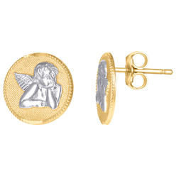 Jewelryweb 10k Two-tone Gold Womens Textured Raphael Angel Religious Round Stud Earrings