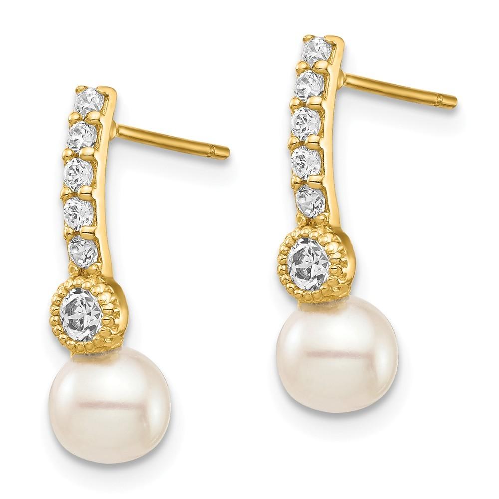 Jewelryweb 14k 6mm White Semi-round Freshwater Cultured Pearl Cubic Zirconia Post Drop Earrings - Measures 16.5