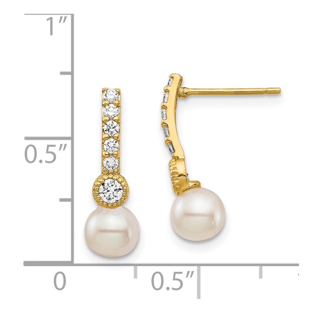 Jewelryweb 14k 6mm White Semi-round Freshwater Cultured Pearl Cubic Zirconia Post Drop Earrings - Measures 16.5