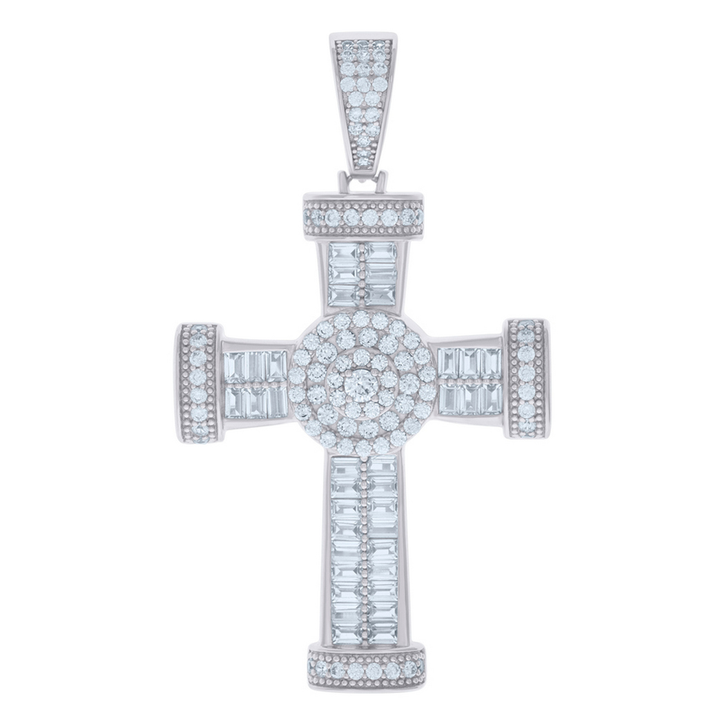 Jewelryweb 925 Sterling Silver Mens Baguette Round Cubic-zirconia Cross Religious Charm Pendant - Measures 66x3