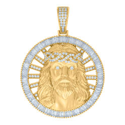 Jewelryweb 925 Sterling Silver Yellow-tone Mens Baguette Round Cubic-zirconia Medallion Jesus Religious Pendant