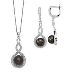 Jewelryweb Majestik Sterling Silver Rhodium-plated 10-12mm Black Simulated Shell Pearl and CZ Earrings And Spri