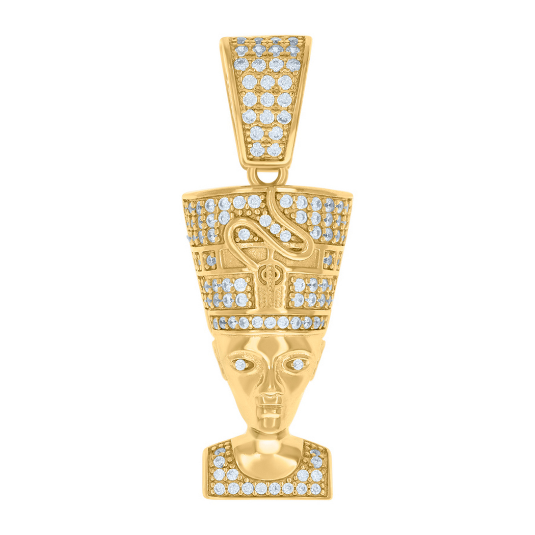 Jewelryweb 925 Sterling Silver Yellow-tone Mens Cubic-zirconia Egyptian Queen Nefertiti Fashion Charm Pendant - Measures 34.8x12.6mm Wide