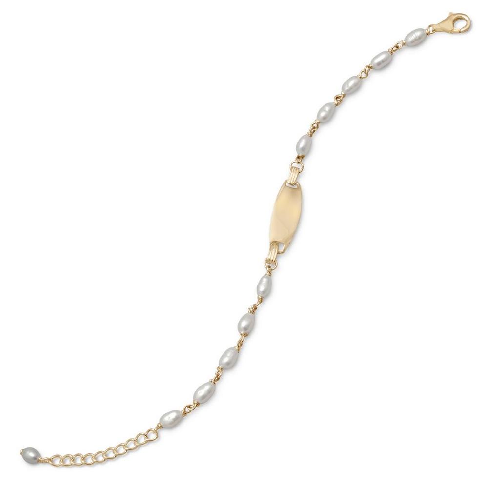 Jewelryweb 14k Gld-Flashed Sterling Silver Cultured Freshwater Pearl ID Bracelet 1 Inch Extention 3mm White Ric