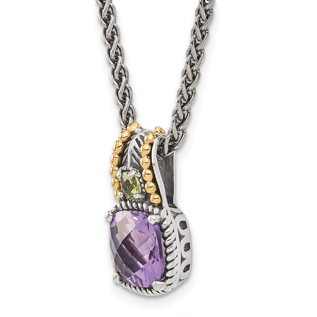 Jewelryweb Sterling Silver With 14k 1.85Amethyst and .21Peridot 18inch Necklace - Measures 9mm Wide