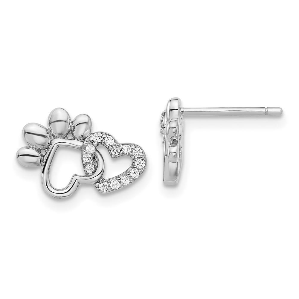 Jewelryweb Sterling Silver Rhodium-plated With Cubic Zirconia Hearts and Paw Print Post Earrings - Measures 9x12.9mm Wide