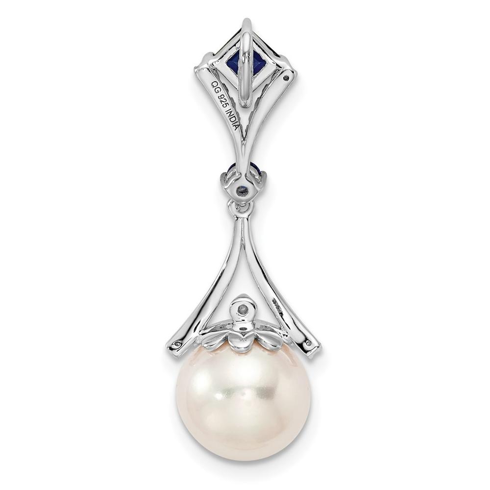Jewelryweb Sterling Silver Rhodium Plated Diamond Created Sapphire Freshwater Cultured Pearl Pendant - Measures 28x10mm Wide