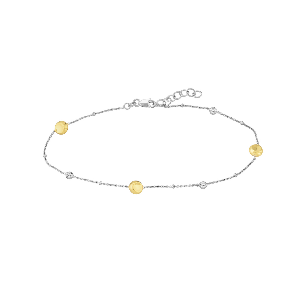 Jewelryweb Sterling Silver Yellow and Rhodium Plated Anklet With Plate Beads And Cubic Zirconia - 10 Inch