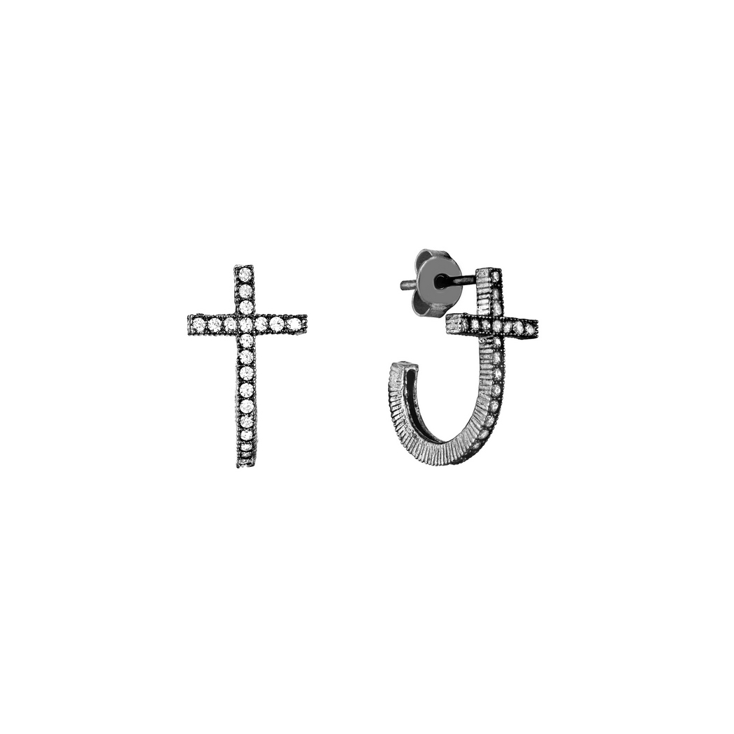 Jewelryweb Sterling Silver Black Rhodium Plated Cubic Zirconia Cross Earrings