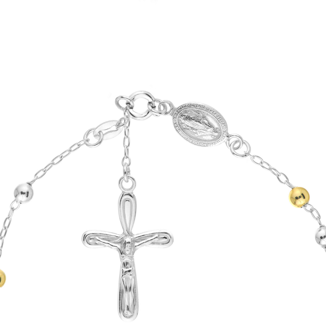 Jewelryweb Sterling Silver Yellow Rose and Rhodium Plated 4mm Rosary Bracelet With Spring Lock - 7.25 Inch