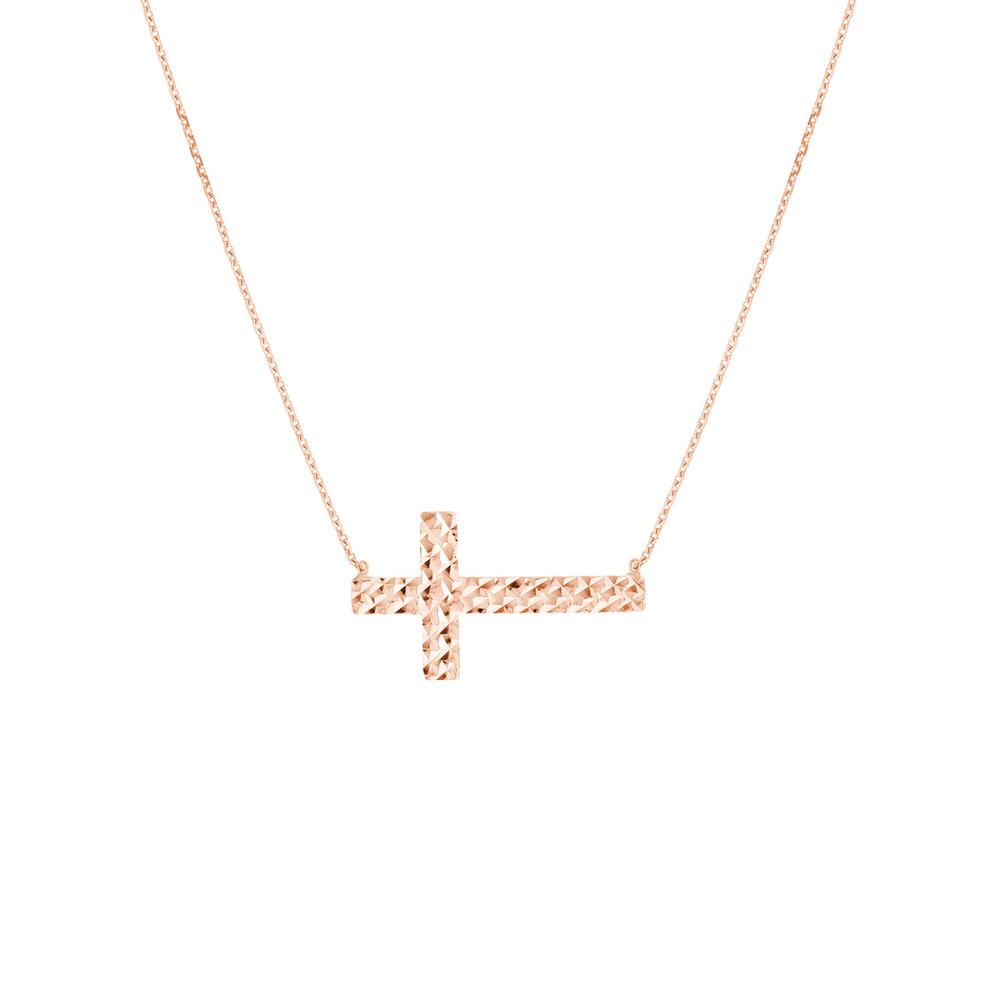 Jewelryweb 14k Rose Gold Side-ways Adjustable Sparkle-Cut Small Sideways Cross Necklace - 18 Inch