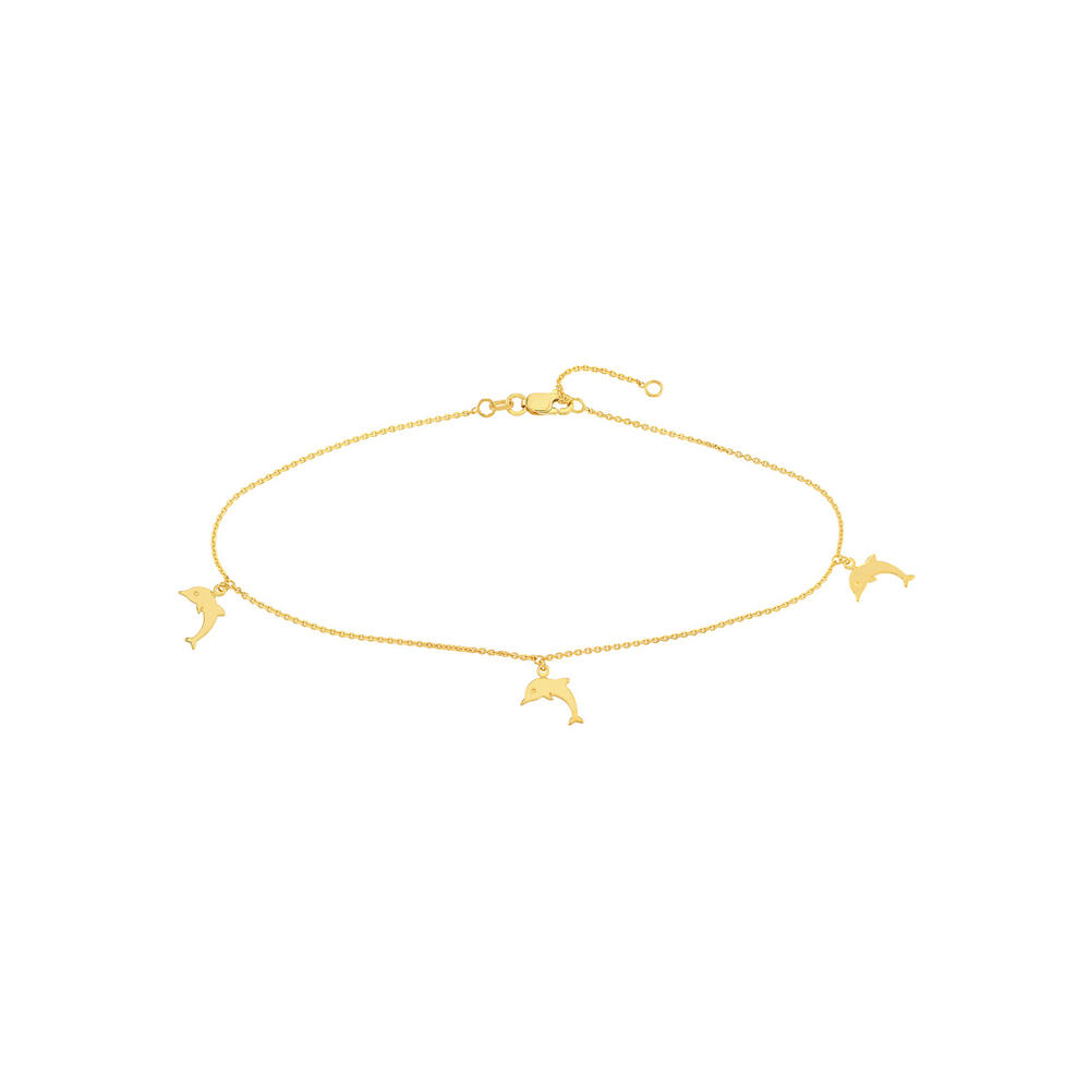 Jewelryweb 14k Yellow Gold Adjustable Dolphin Trio Anklet - 10 Inch