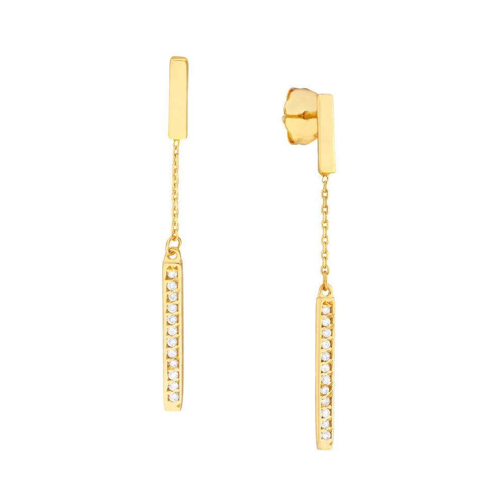 Jewelryweb 14k Yellow Gold 0.12 Dwt Diamond Double Bar Dangle Earrings