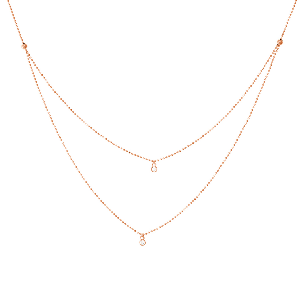 Jewelryweb 14k Rose Gold 2 Diamond 0.06 Dwt Double Strand Adjustable Necklace - 18 Inch