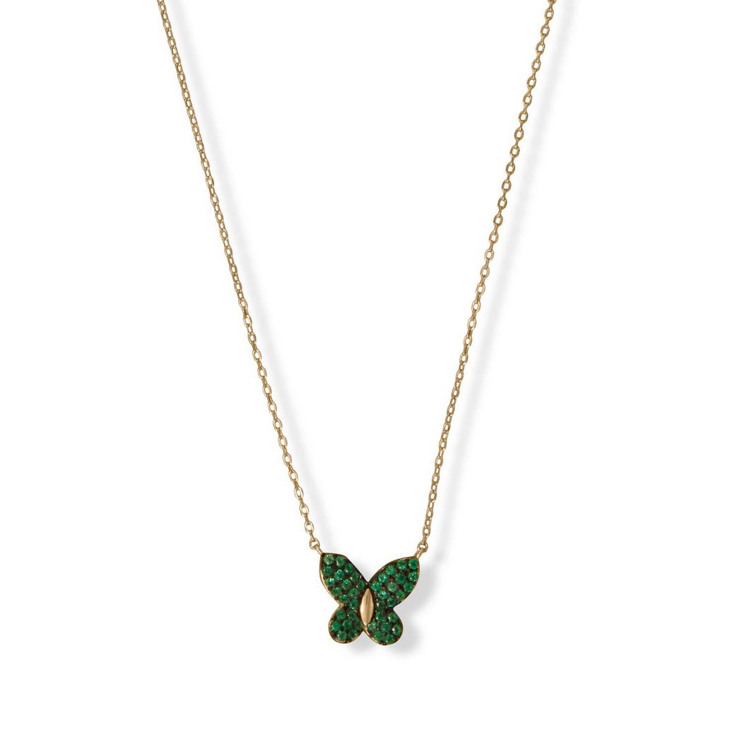 Jewelryweb 14k Gold Plated Sterling Silver 15 Inch + 2 Inch Green CZ Butterfly Necklace 15+2 Inch is Decorated