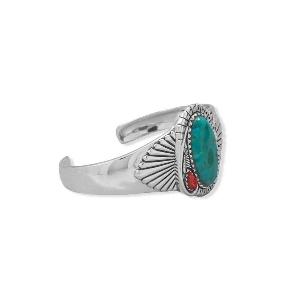 Jewelryweb Sterling Silver Turquoise and Sponge Coral Fan Design Cuff Bracelet Oxidized Southwest Style 12mm X