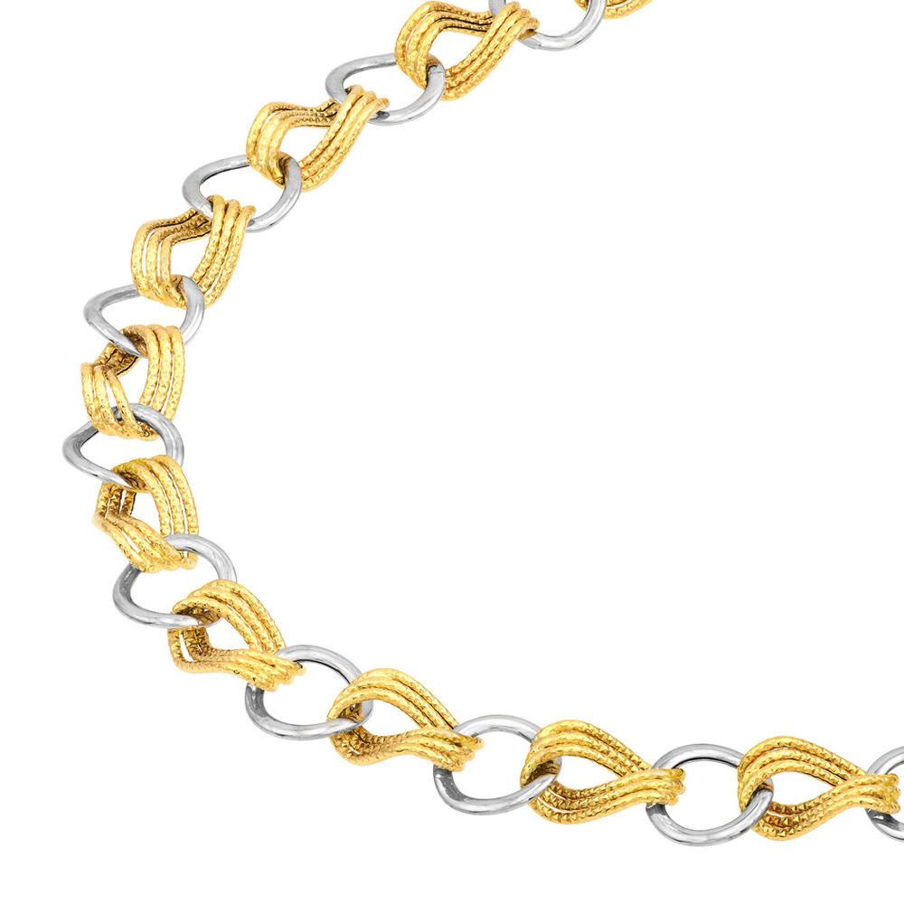 Jewelryweb 14k Yellow and White Gold Alternating Textured Triple+ Plain Round Link Bracelet - 7.25 Inch