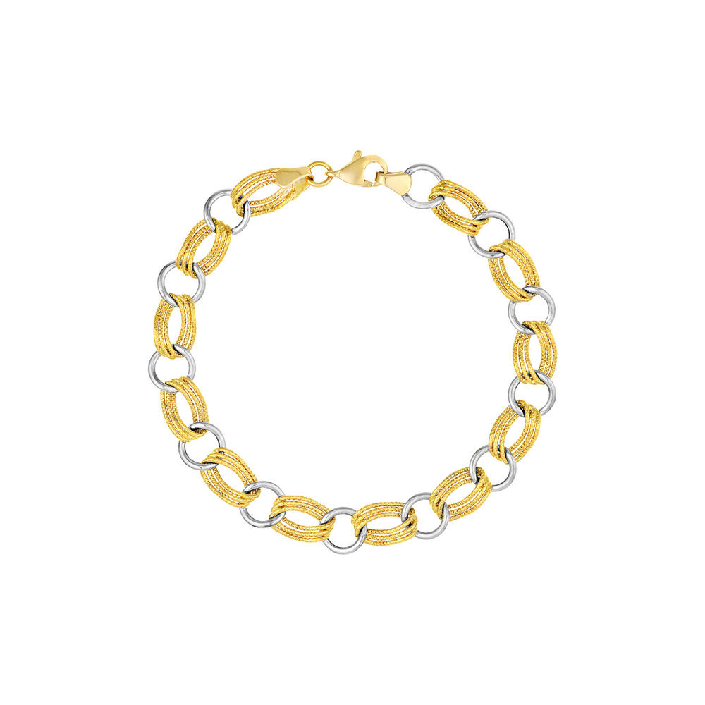 Jewelryweb 14k Yellow and White Gold Alternating Textured Triple+ Plain Round Link Bracelet - 7.25 Inch