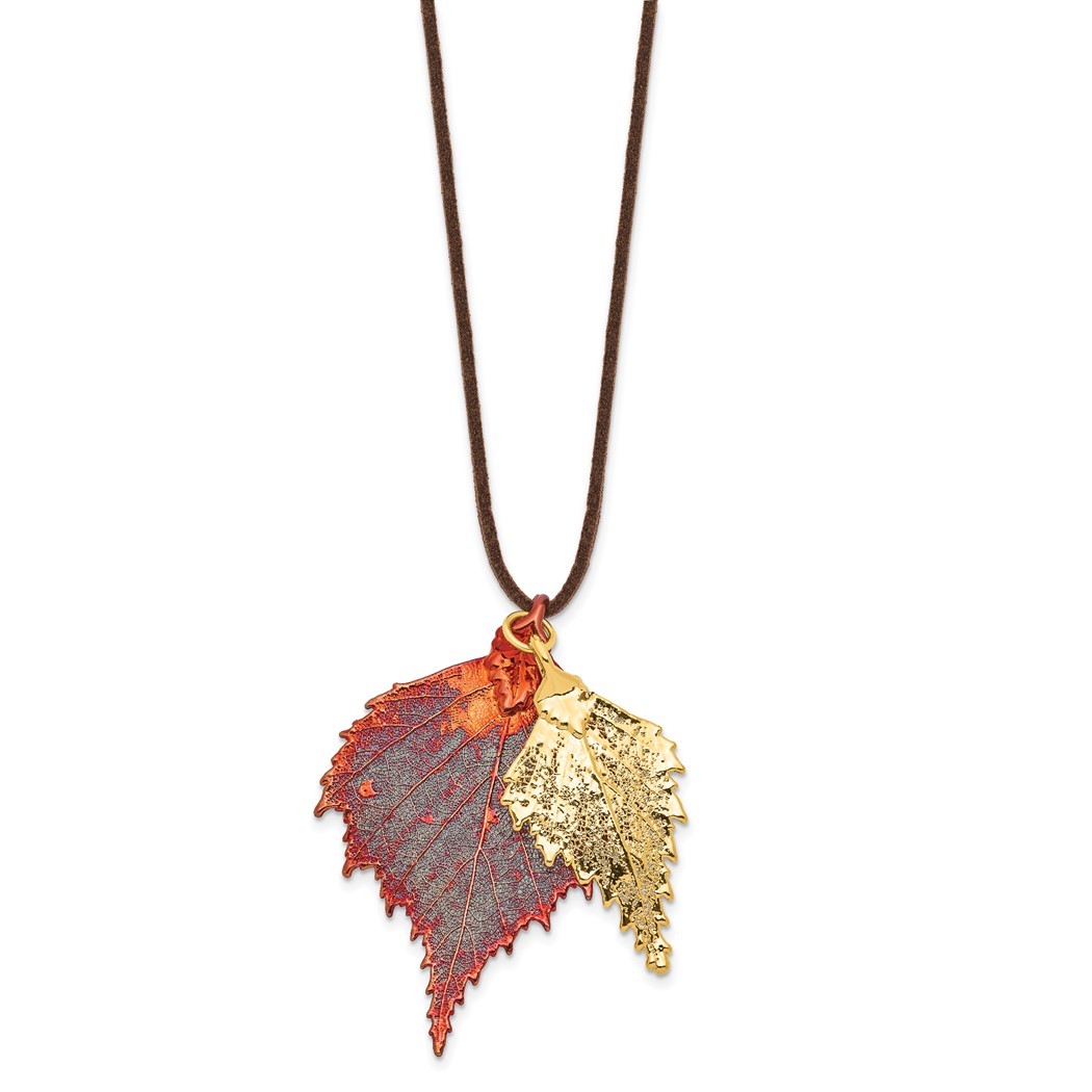 Jewelryweb Iridescent Copper/24k Gold Dipped Double Birch Leaf Necklace - 20 Inch