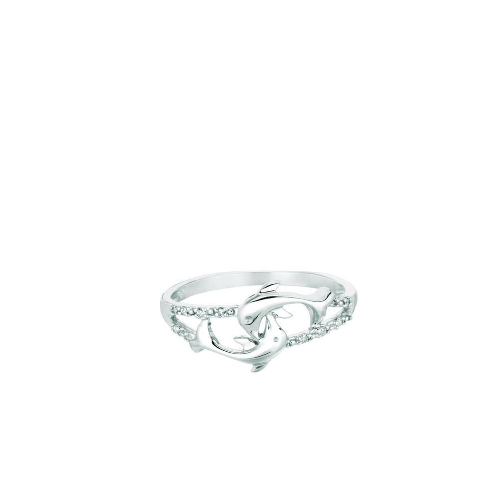 Jewelryweb Sterling Silver Rhodium Plated Polish 2 Dolphin Top - Size 6 Ring With .04 Carat White Diamond