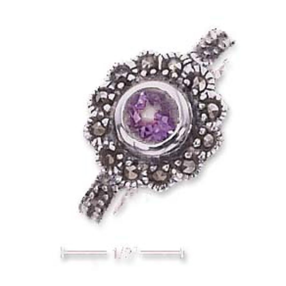 Jewelryweb Sterling Silver 5mm Round Amethyst Marcasite Border Ring - Size 9.0