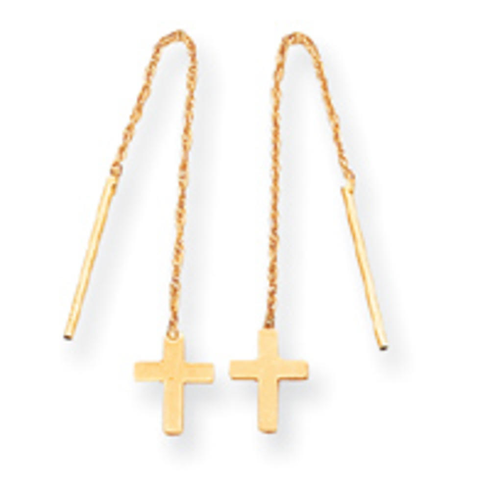 Jewelryweb 14k Polished Thread Of Gold with Cross Earrings - Measures 8x6mm