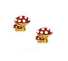 Jewelryweb 14k Yellow Gold Red Enamel Childrens Mushroom Screw-Back Earrings