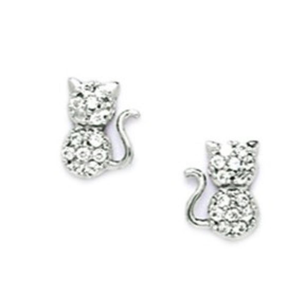 Jewelryweb Sterling Silver Rhodium Plated Cubic Zirconia Cat Screw-Back Earrings - Measures 8x6mm