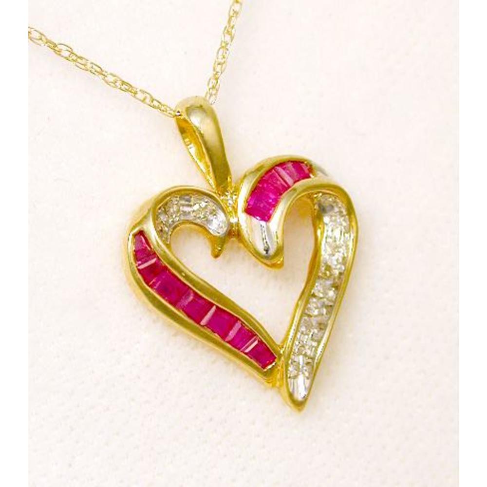 Jewelryweb 10K Princess Ruby and Diamond Heart Shaped Pendant