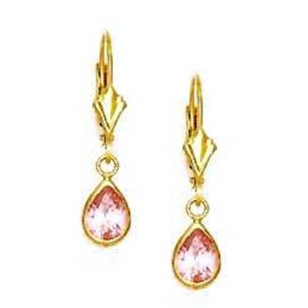 Jewelryweb 14k Yellow Gold 7x5 mm Pear Rose-Pink Cubic Zirconia Drop Lever-Back Earrings