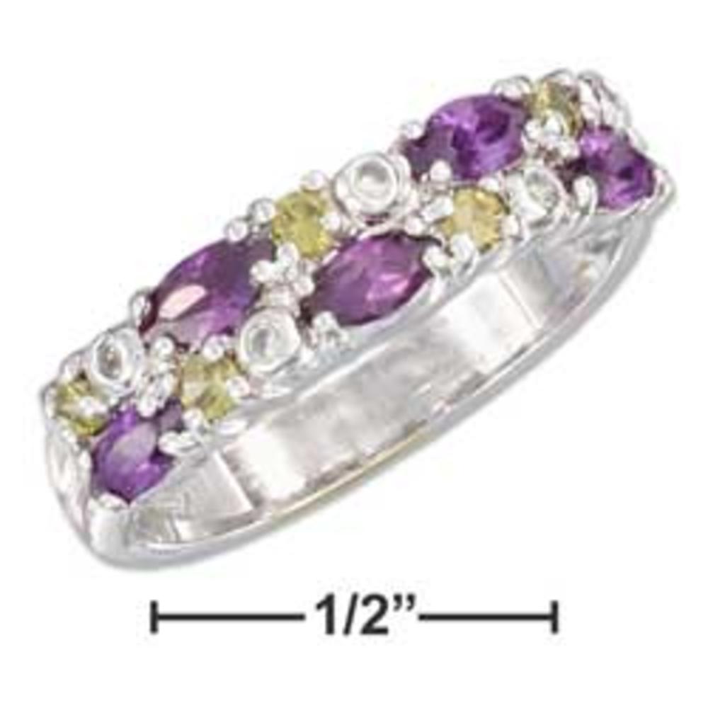 Jewelryweb Sterling Silver Double Row Oval Amethysts and Small Peridots With Clear CZs Ring - Size 7