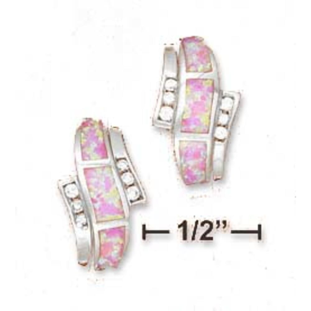 Jewelryweb Simulated Pink Simulated Opal Curved Bar Post Earrings Cubic Zirconia Accents