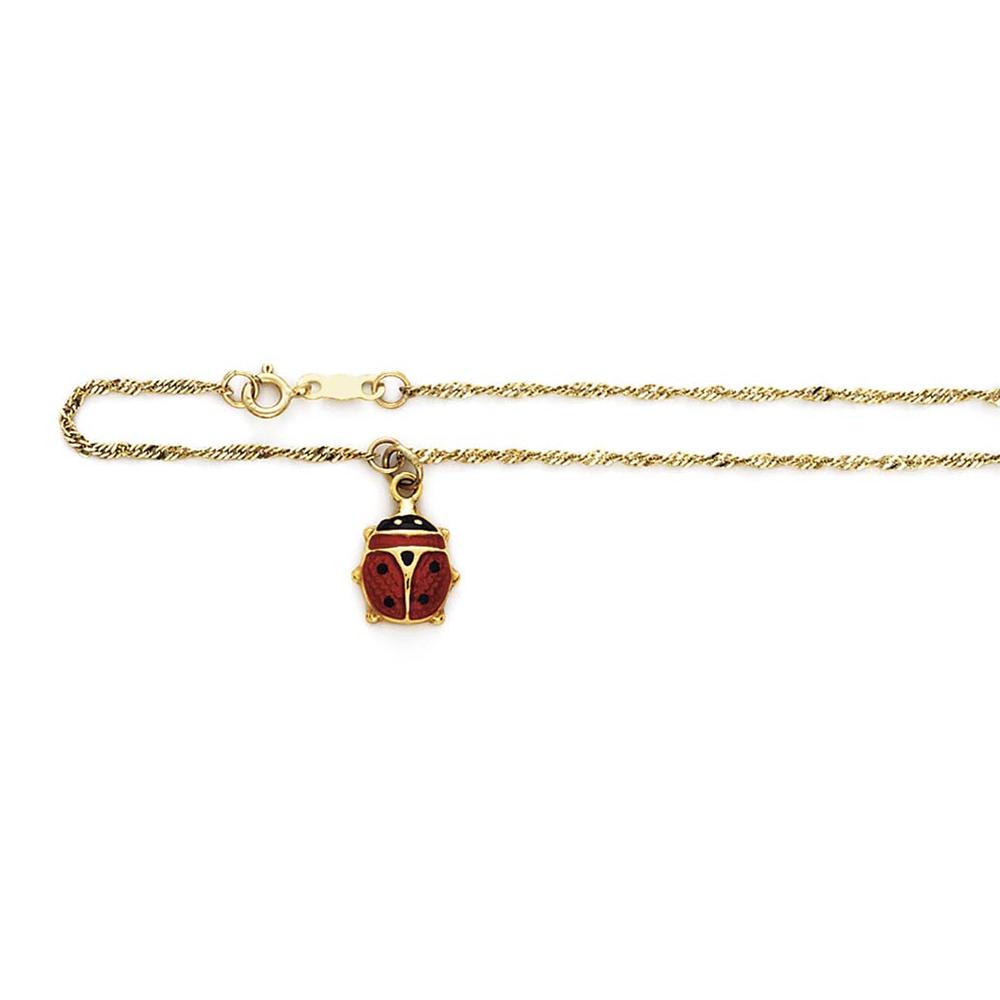 Jewelryweb 14k Yellow Gold Enameled Ladybug Anklet - 10 Inch