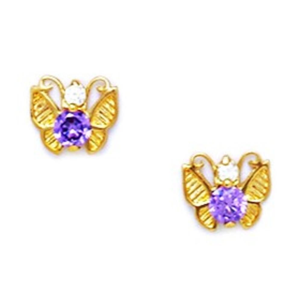 Jewelryweb 14k Yellow Gold Purple 3x3mm Cubic Zirconia Butterfly Screw-Back Earrings - Measures 6x7mm