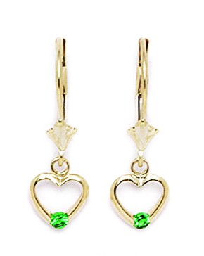 Jewelryweb 14k Yellow Gold May Birthstone Emerald 2x2mm CZ Heart Drop Leverback Earrings - Measures 25x7mm