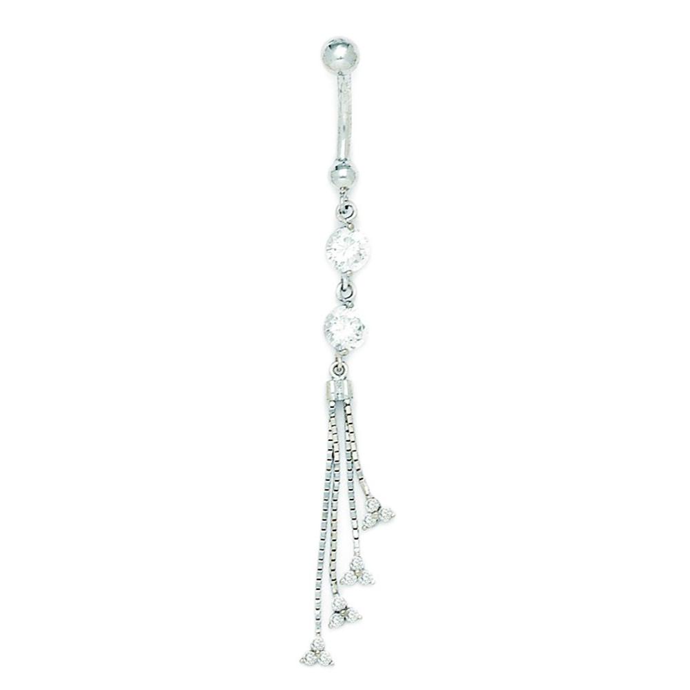 Jewelryweb 14k White Gold CZ 14 Gauge Dangling Multi Chain Body Jewelry Belly Ring - Measures 71x13mm
