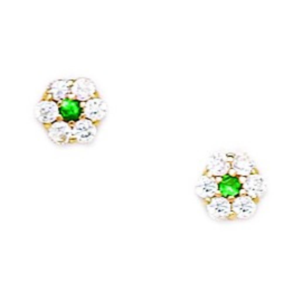 Jewelryweb 14k Yellow Gold May Birthstone Emerald CZ Medium Flower Screw-Back Earrings - Measures 5x5mm