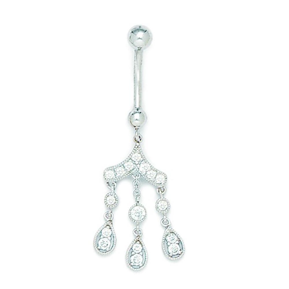 Jewelryweb 14k White Gold Cubic Zirconia 14 Gauge Dangling Drops Body Jewelry Belly Ring - Measures 44x17mm