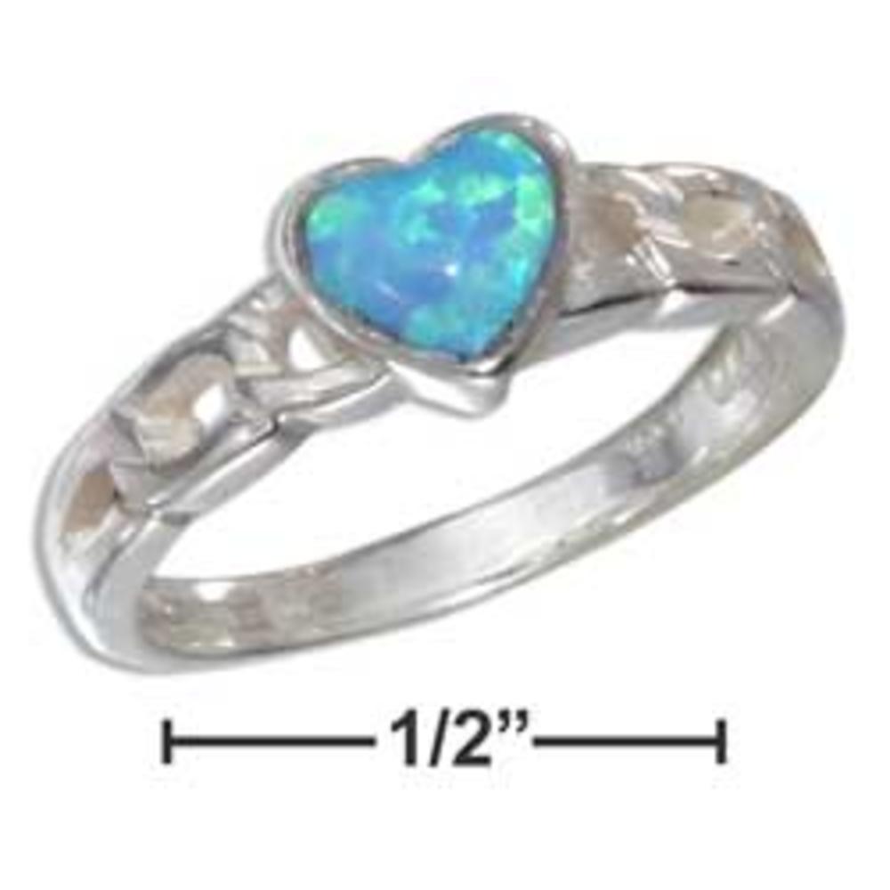 Jewelryweb Sterling Silver Small Lab Blue Simulated Opal Heart Open Curb Link Band Ring - Size 6