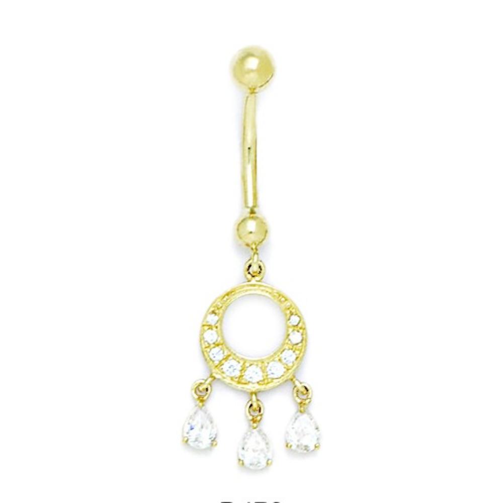 Jewelryweb 14k Yellow Gold CZ 14 Gauge Dangling Circle Drop Body Jewelry Belly Ring - Measures 40x13mm