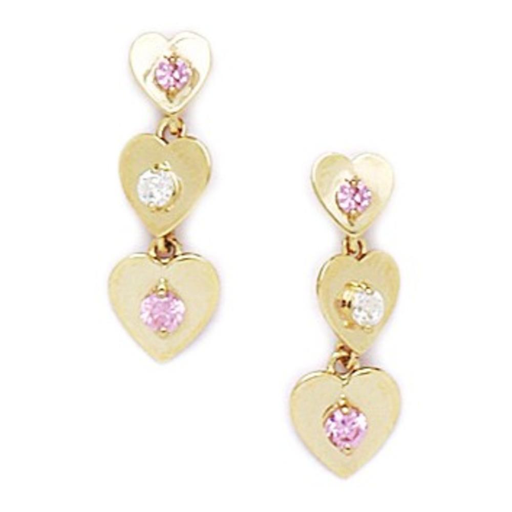 Jewelryweb 14k Yellow Gold Pink Cubic Zirconia 3 Heart Drop Screw-Back Earrings - Measures 19x7mm