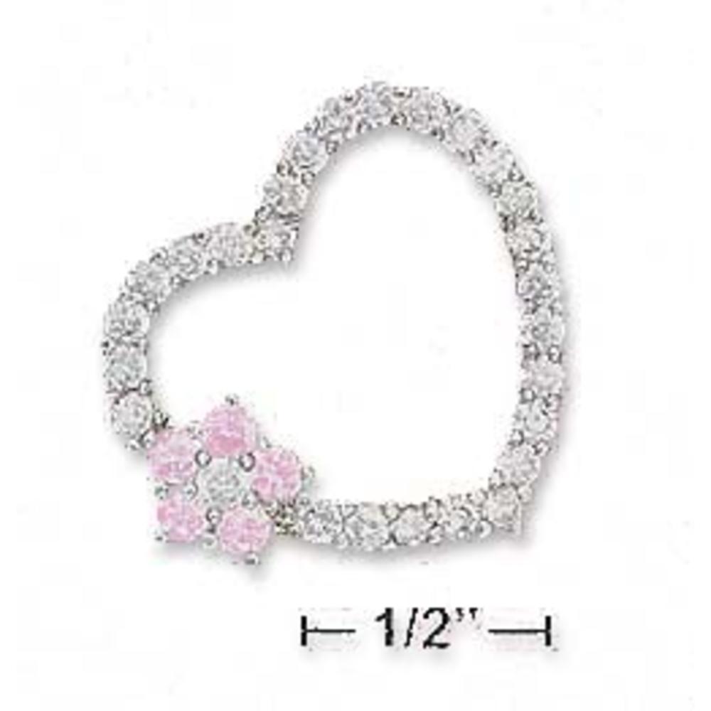 Jewelryweb Sterling Silver 25mm Cubic Zirconia Open Heart Pendant Pink Cubic Zirconia Flower