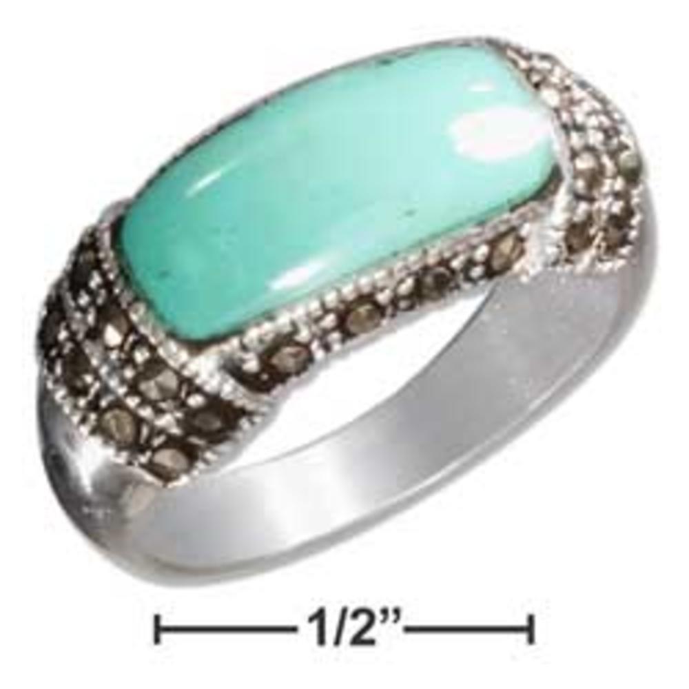 Jewelryweb Sterling Silver 7x14mm Simulated Turquoise Inlay With Marcasite Ring - Size 8